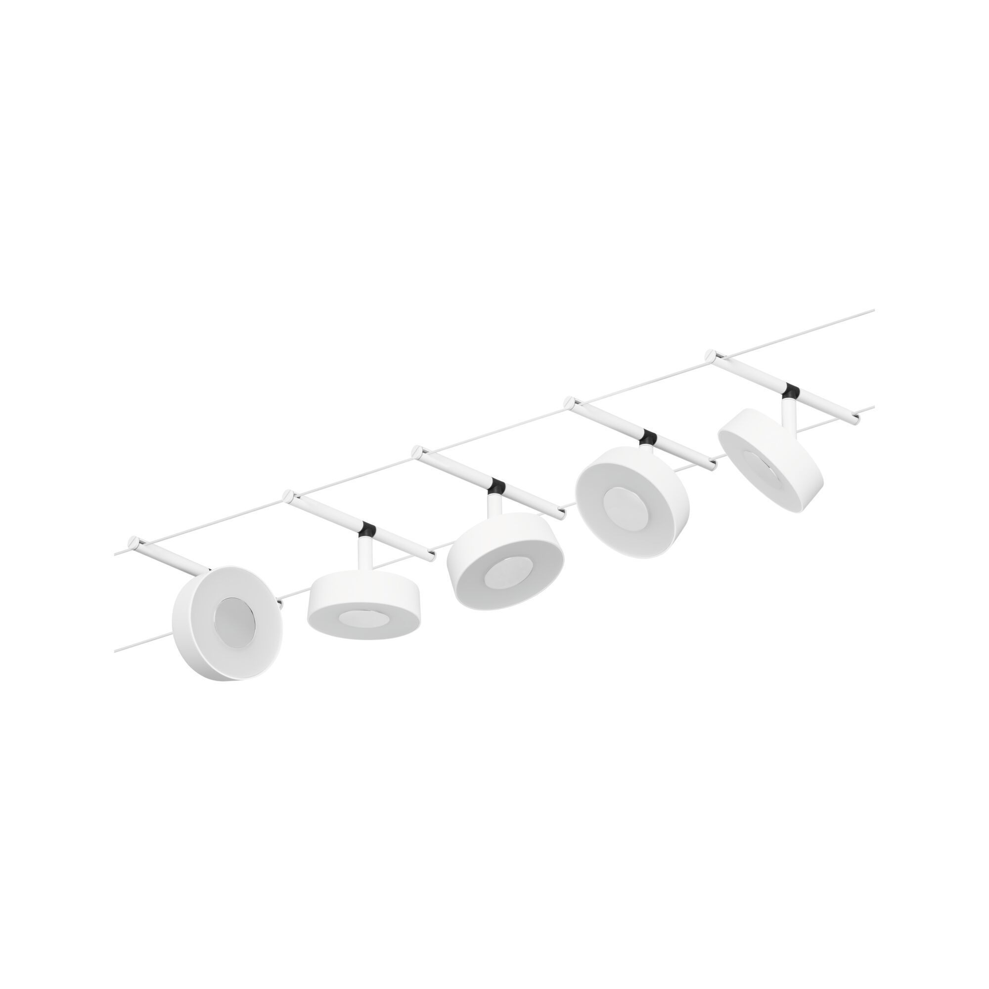 Moderne weiße LED-Seilsystemleuchte mit fünf runden Strahlern für flexible Raumbeleuchtung
