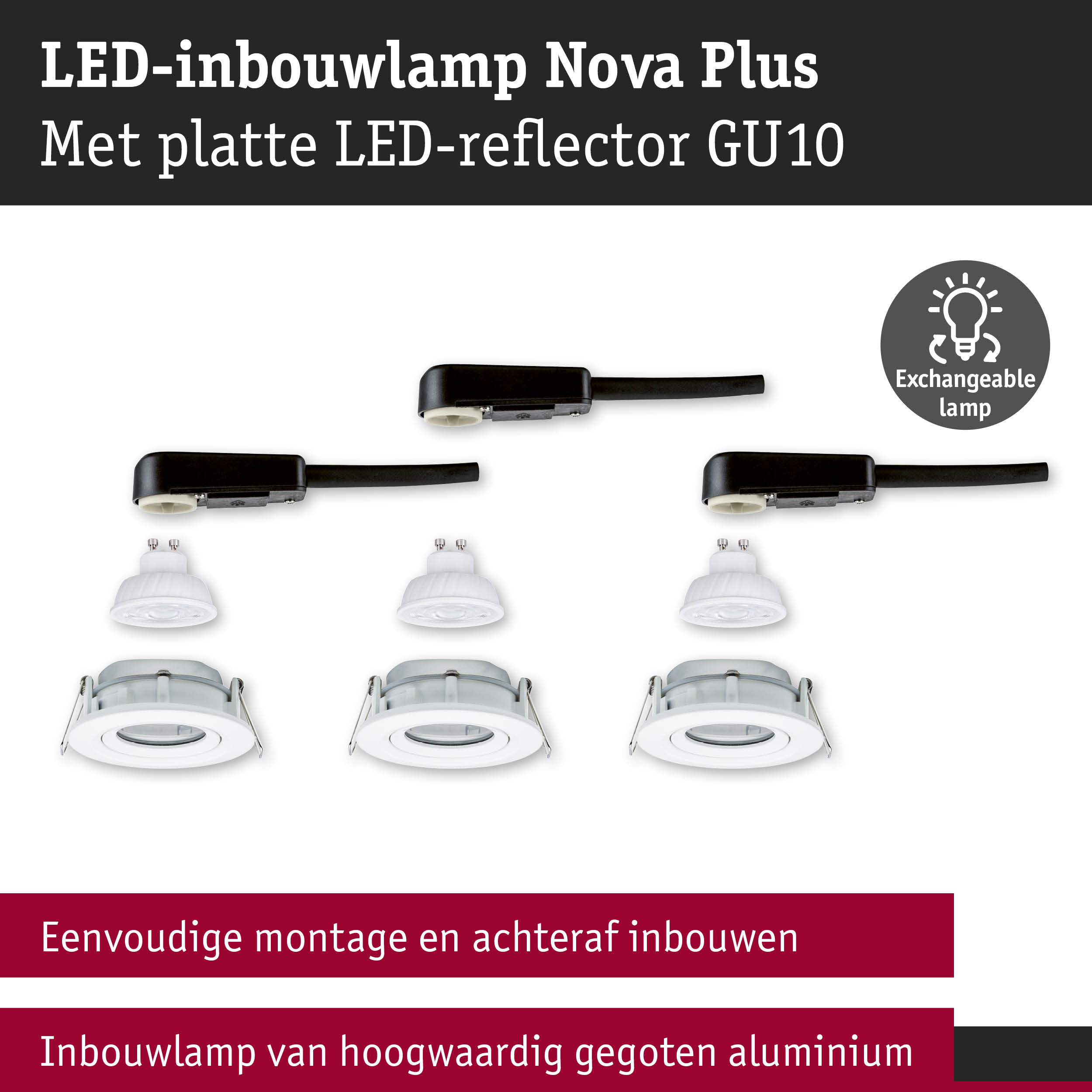 LED-inbouwlamp Nova Plus met platte LED-reflector GU10 van wit aluminium voor eenvoudige montage