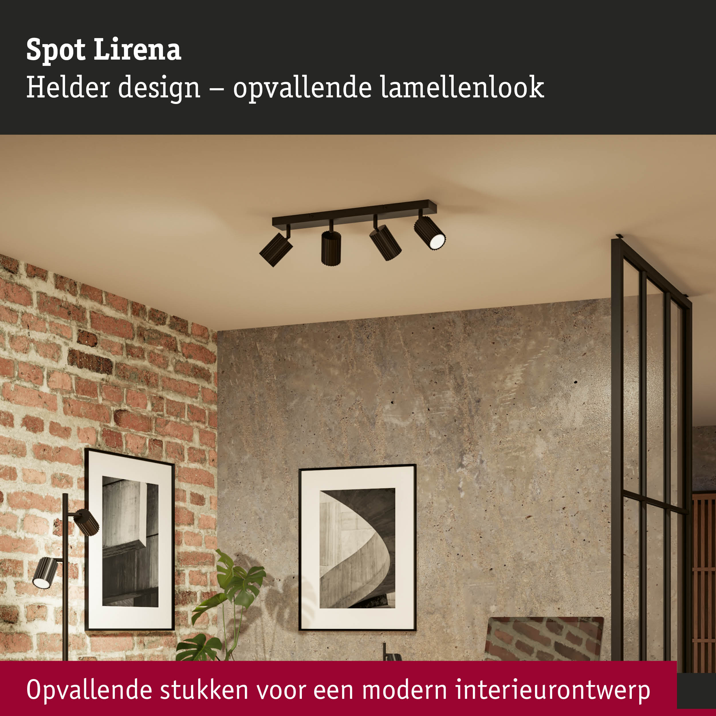 Zwarte spot Lirena met opvallende lamellenlook aan plafond in moderne kamer