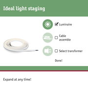 Flexible white LED light strip with black cable for easy lighting setup and installation