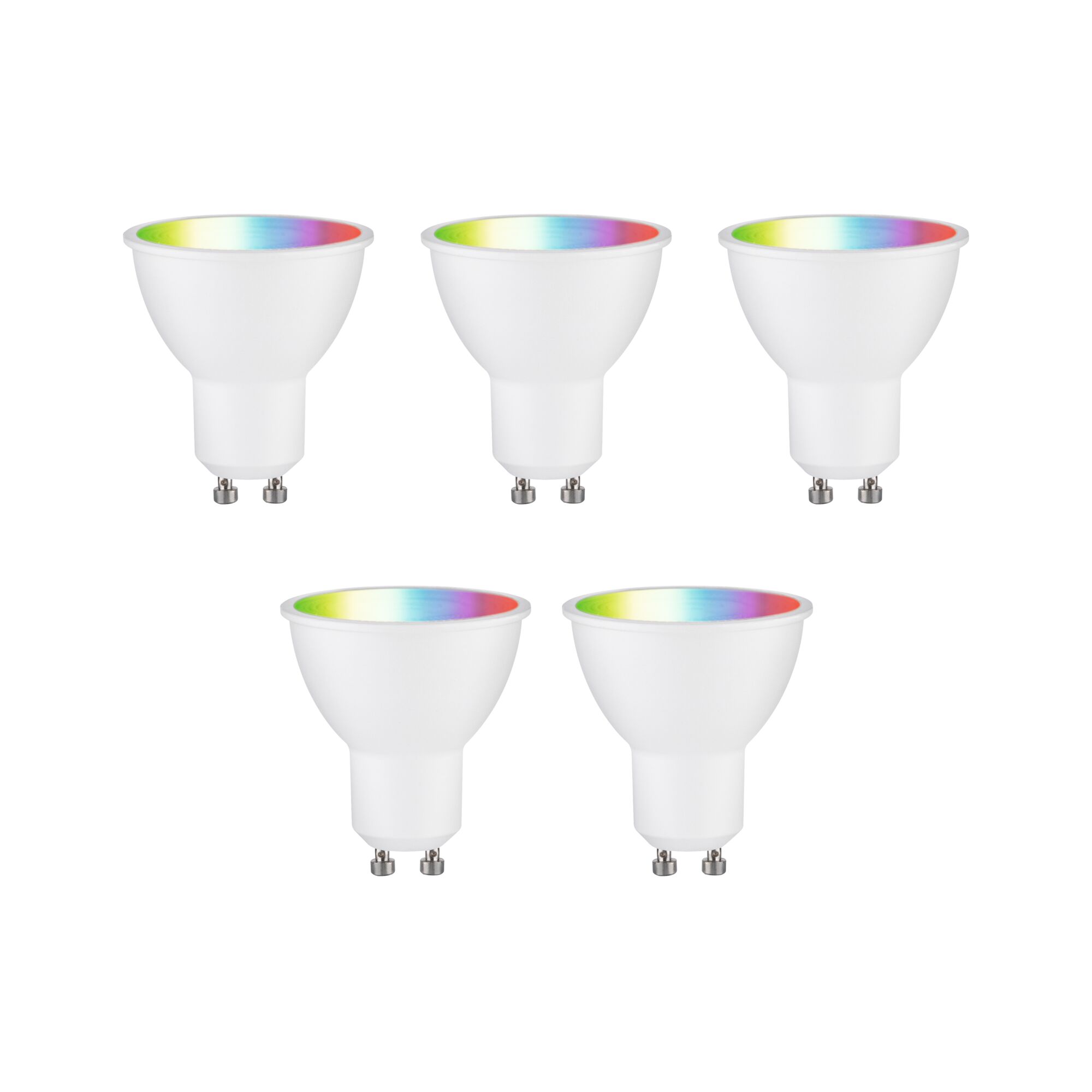 Vijf witte GU10 LED-lampen met kleurrijk RGB-licht voor veelzijdige verlichtingsoplossingen