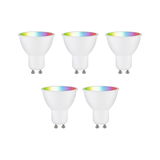 Vijf witte GU10 LED-lampen met kleurrijk RGB-licht voor veelzijdige verlichtingsoplossingen