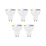 Five white GU10 LED bulbs with colorful RGB light for versatile lighting solutions