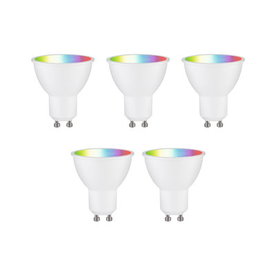 Five white GU10 LED bulbs with colorful RGB light for versatile lighting solutions