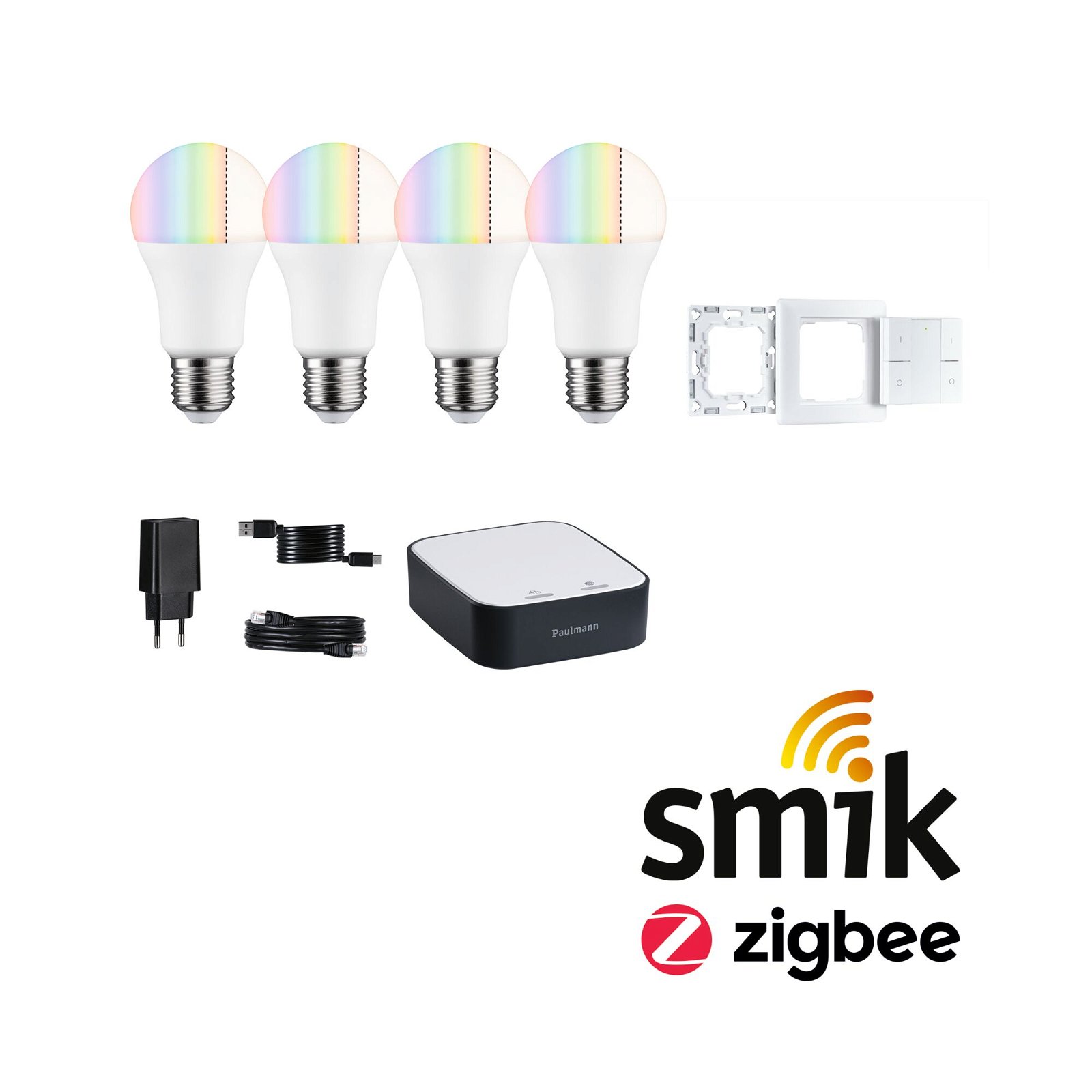 Preisattraktives Starterset Zigbee 3.0 Smart Home smik Gateway + Standard 230V LED Birne E27 RGBW + Wandtaster