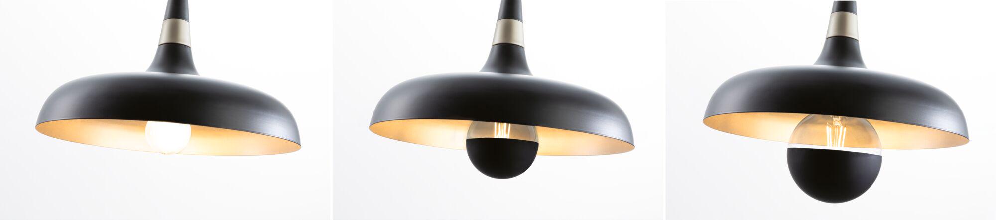 Modern black metal pendant light with gold interior and dimmable LED bulb for stylish lighting