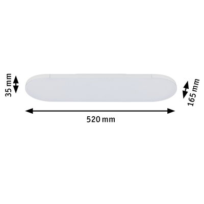 White LED ceiling light with rounded edges, dimensions 520x165x35 mm, modern design for living spaces