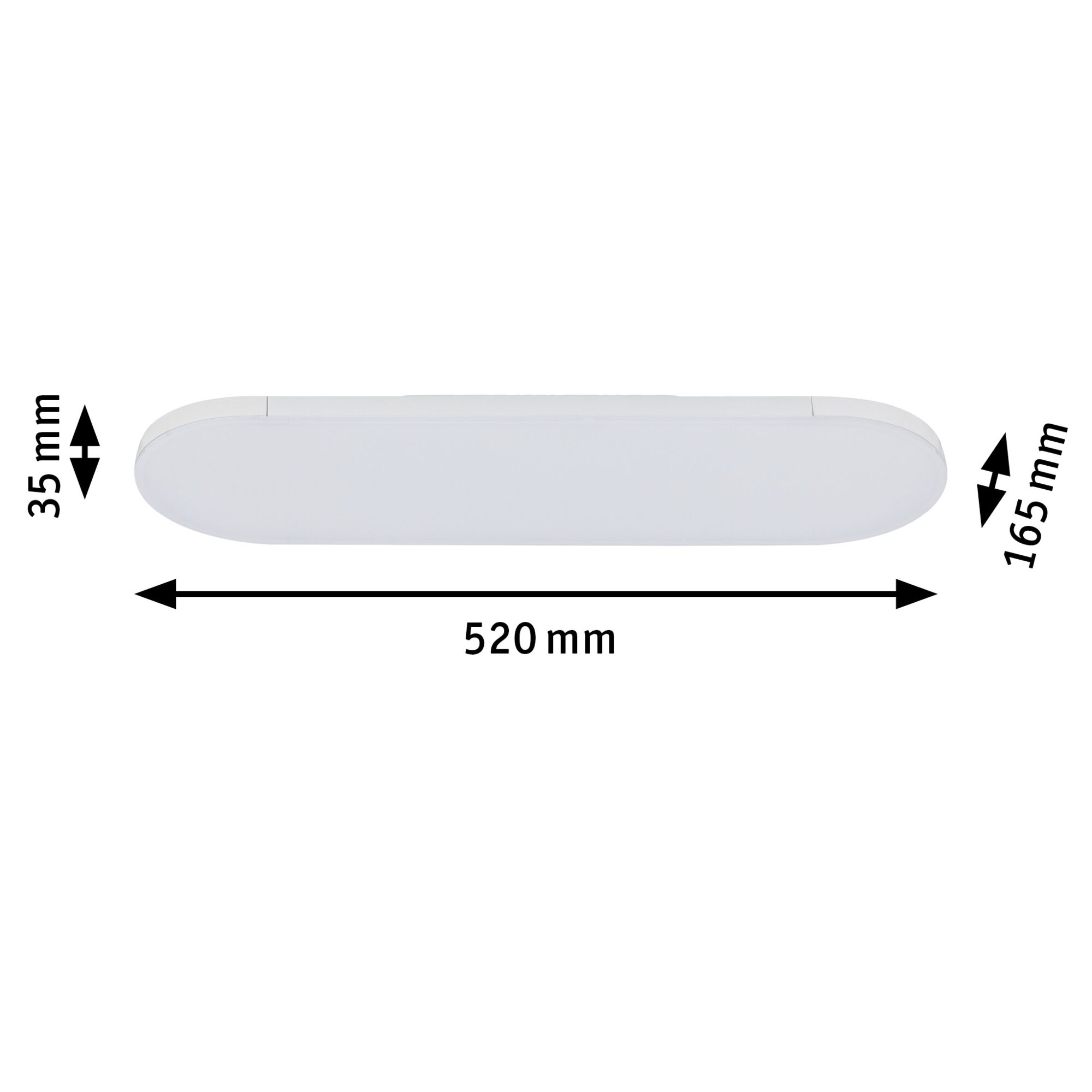Plafonnier LED blanc aux bords arrondis, dimensions 520x165x35 mm, design moderne pour intérieur
