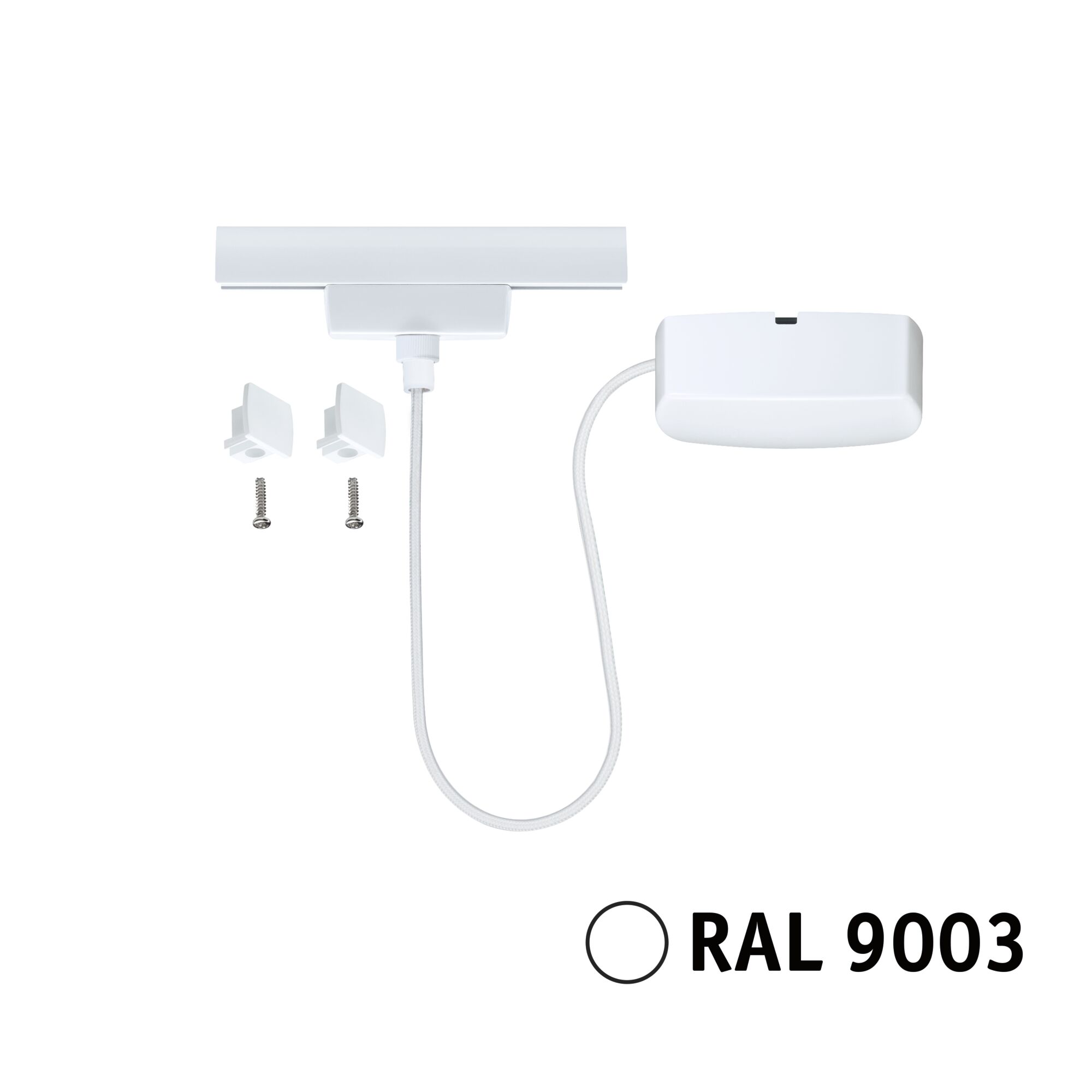 URail Einspeisung Kabel 1m max. 1000W Signalweiß Weißes LED-Zubehör mit Kabel und Schrauben in RAL 9003 für flexible Beleuchtungslösungen.