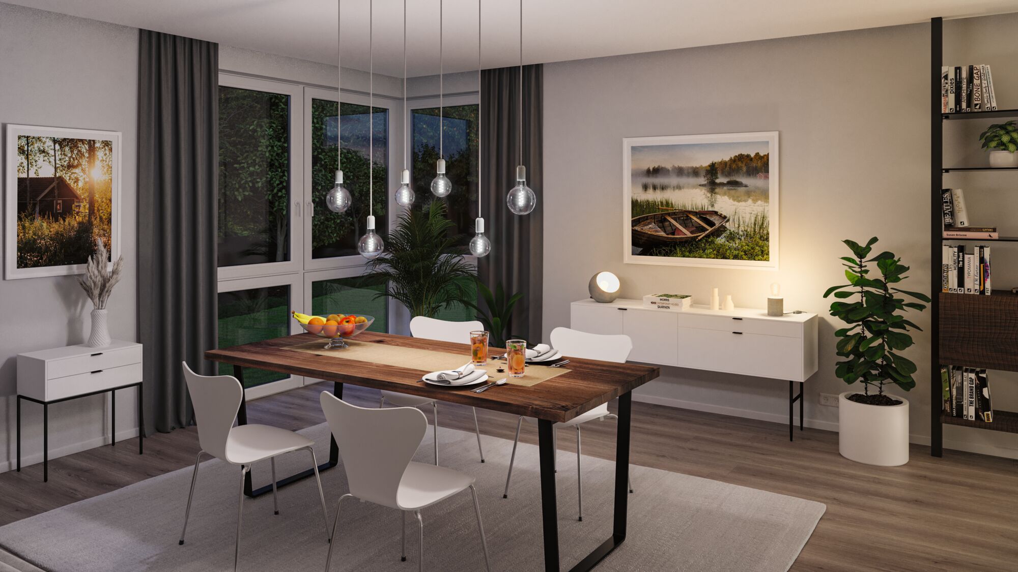 Modernes Esszimmer mit Holztisch, weißen Stühlen und hängenden Glühbirnenlampen für gemütliche Beleuchtung