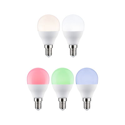 Fünf LED-Glühbirnen mit E14-Fassung in Weiß, warmweiß, rot, grün und blau für farbige Beleuchtung