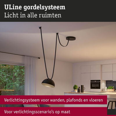 Zwart ULine gordelsysteem met halve bol lamp in moderne woonkamer voor flexibele verlichting.