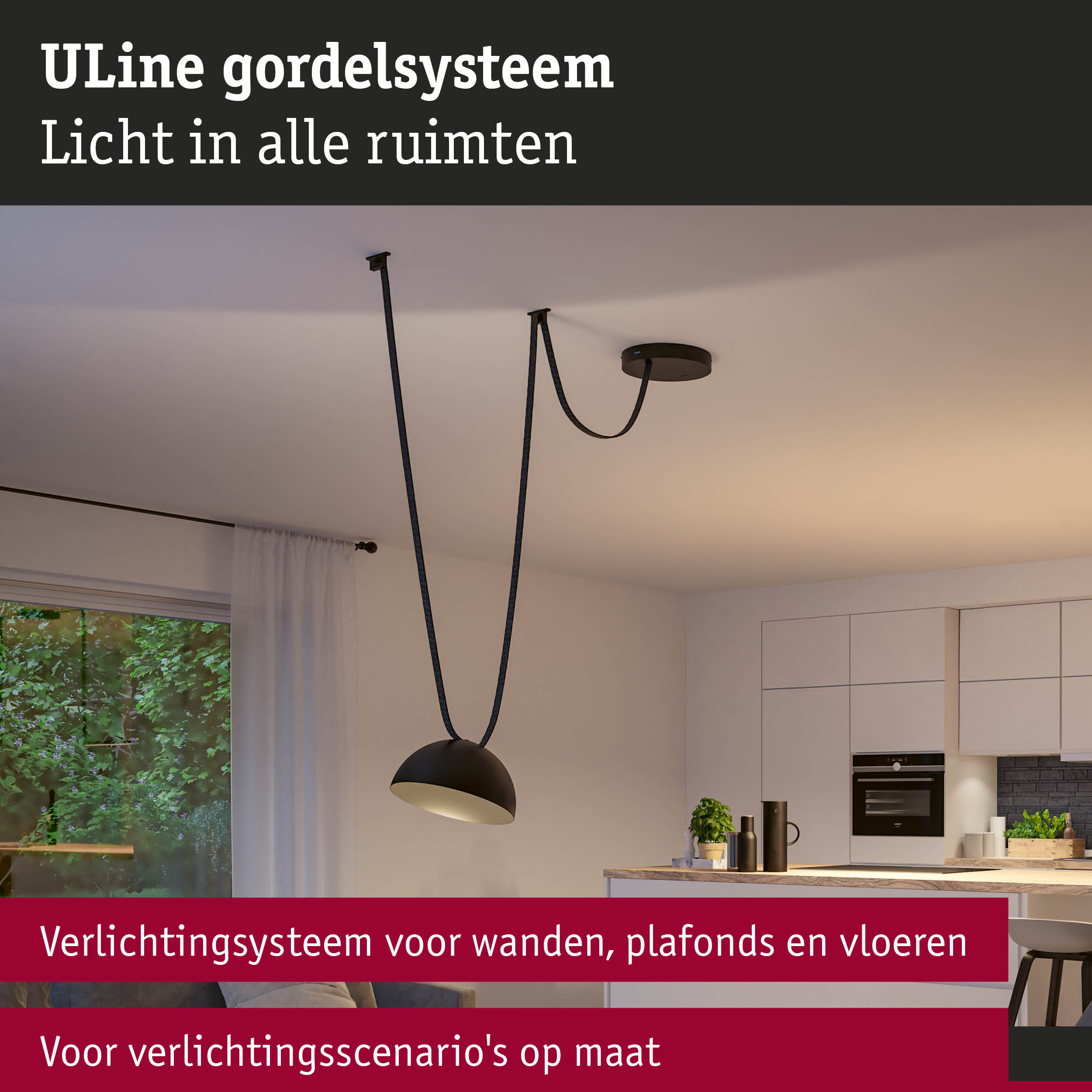 Zwart ULine kabelgordelsysteem aan het plafond in moderne keuken met verlichtingssysteem