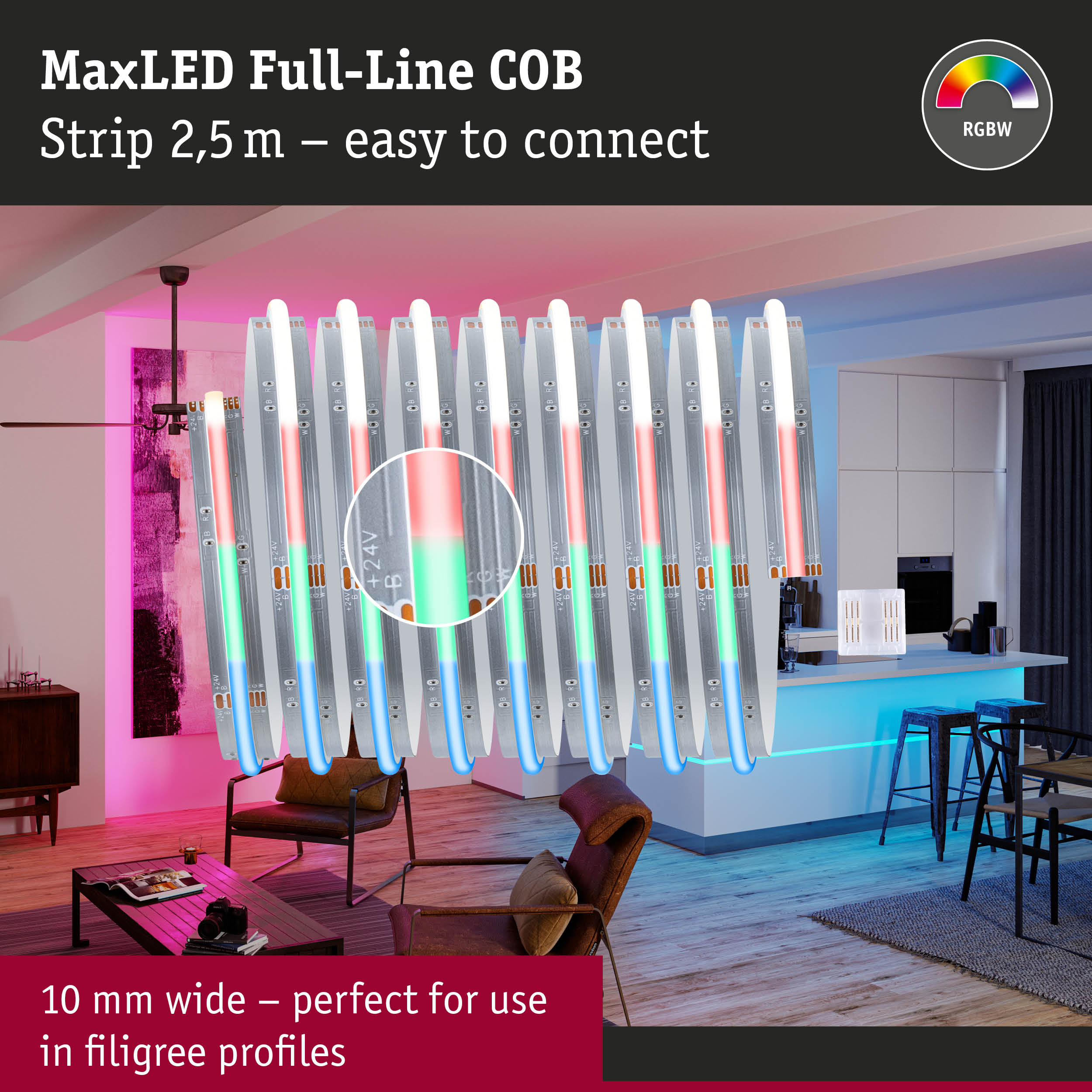 MaxLED Full-Line COB RGBW LED strip 2.5 m long, 10 mm wide, easy to connect, ideal for filigree profiles
