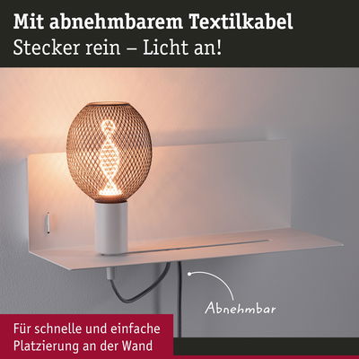 Wandlampe mit abnehmbarem Textilkabel und dekorativem Metallgitter in warmem Licht für einfache Montage
