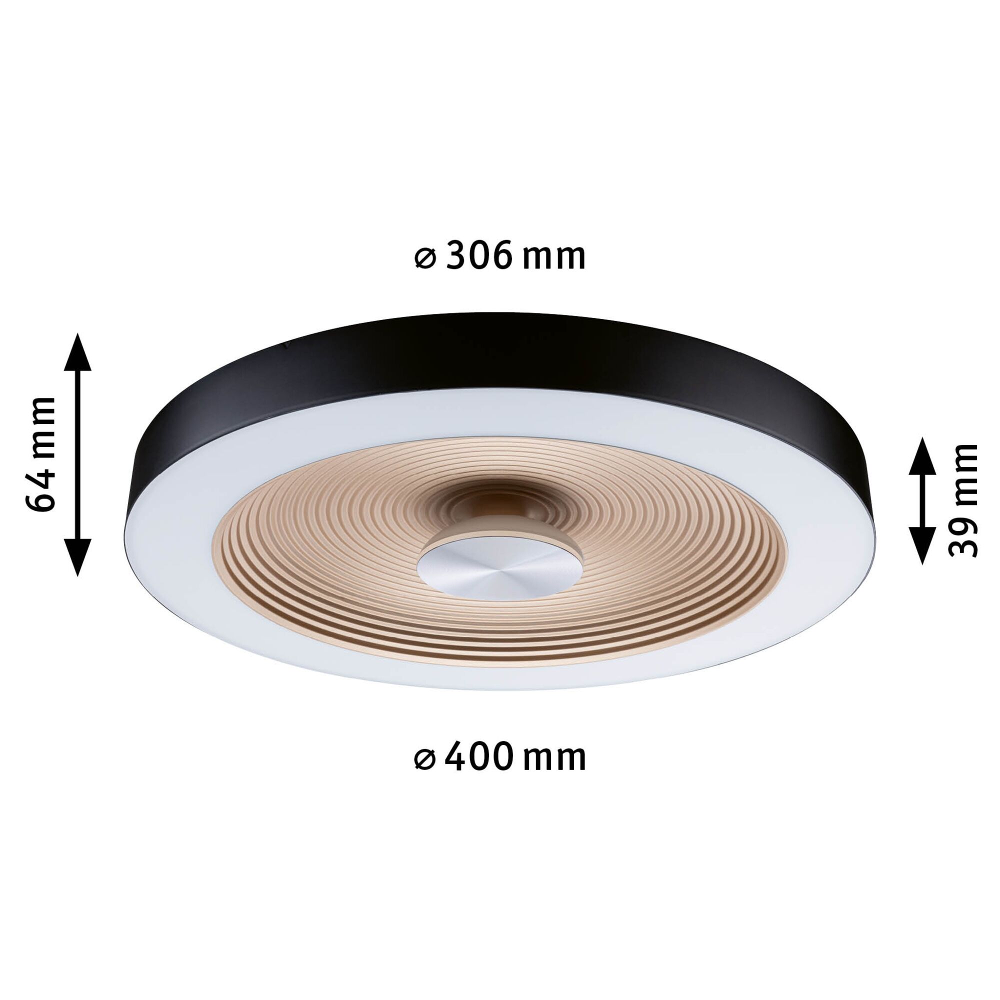 Round ceiling light with black edge and beige ribbed center, 400 mm diameter, modern LED lighting.