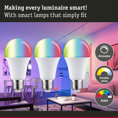 Three dimmable RGBW LED bulbs with tunable white light in a modern living room with colorful lighting