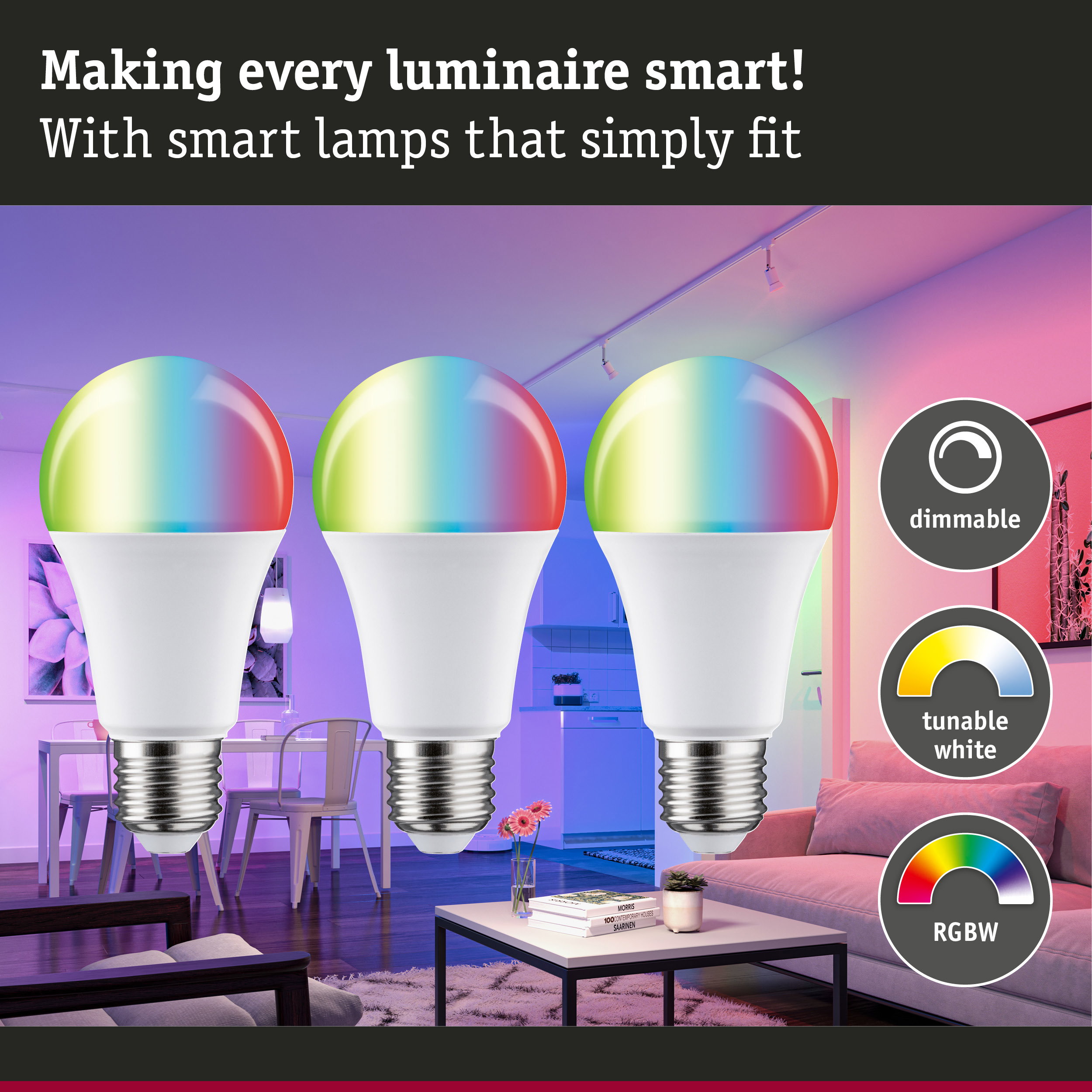Three dimmable RGBW LED bulbs with white base in modern living room featuring colorful smart lighting