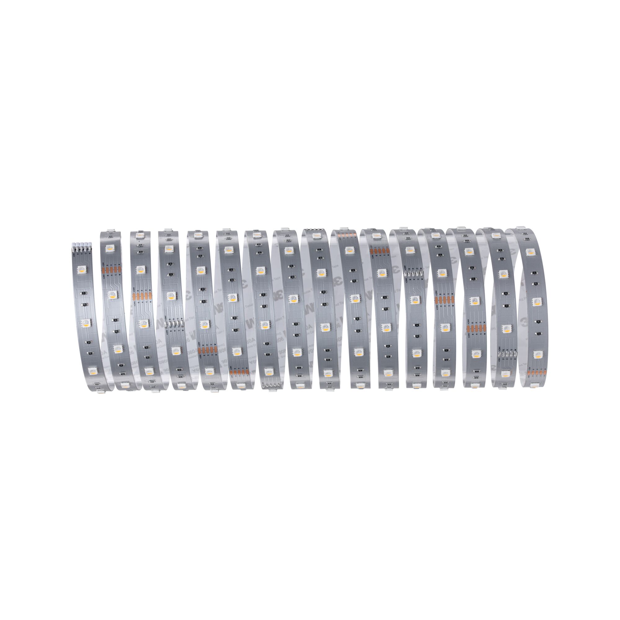Bande LED flexible argentée avec lumières blanches pour éclairage moderne et décoration.
