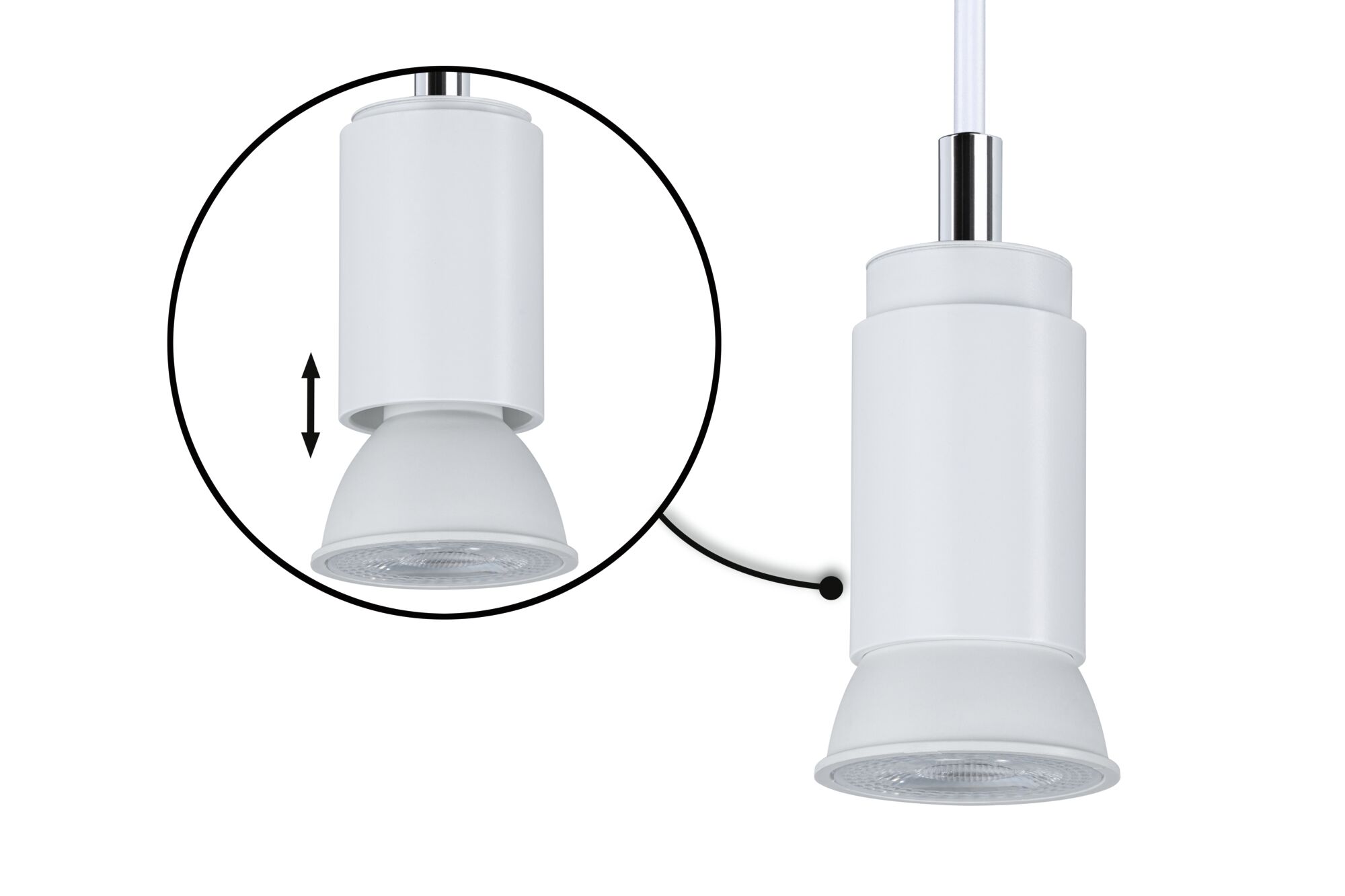 Weißer LED-Pendelleuchte aus Metall mit verstellbarem Leuchtkopf für flexible Beleuchtung