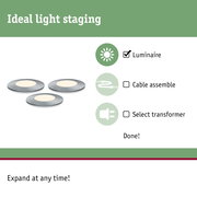 Three flat LED recessed lights in brushed aluminium with warm white light for home lighting