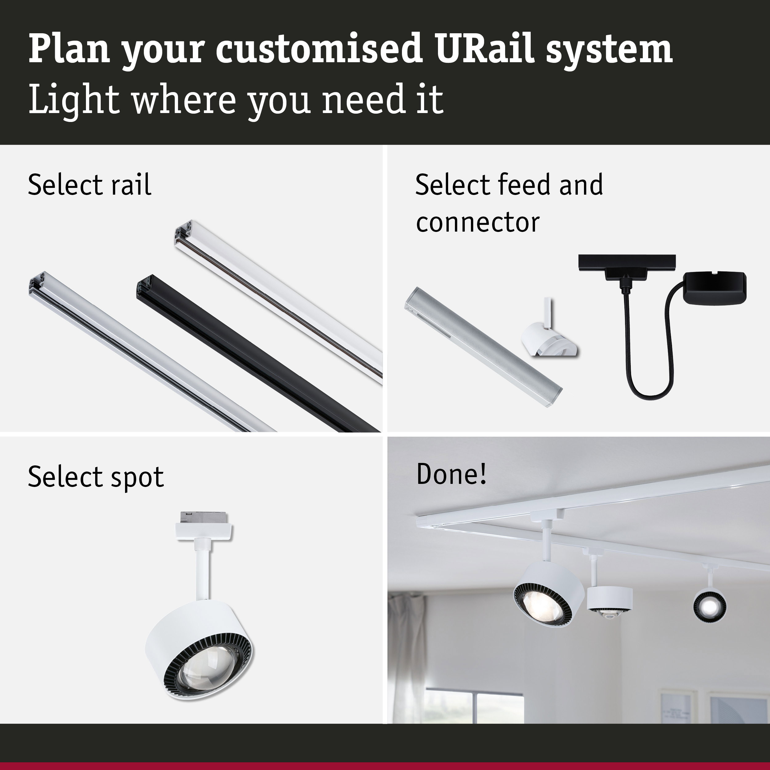 Modular URail track system with white and black rails and LED spotlights for customizable lighting