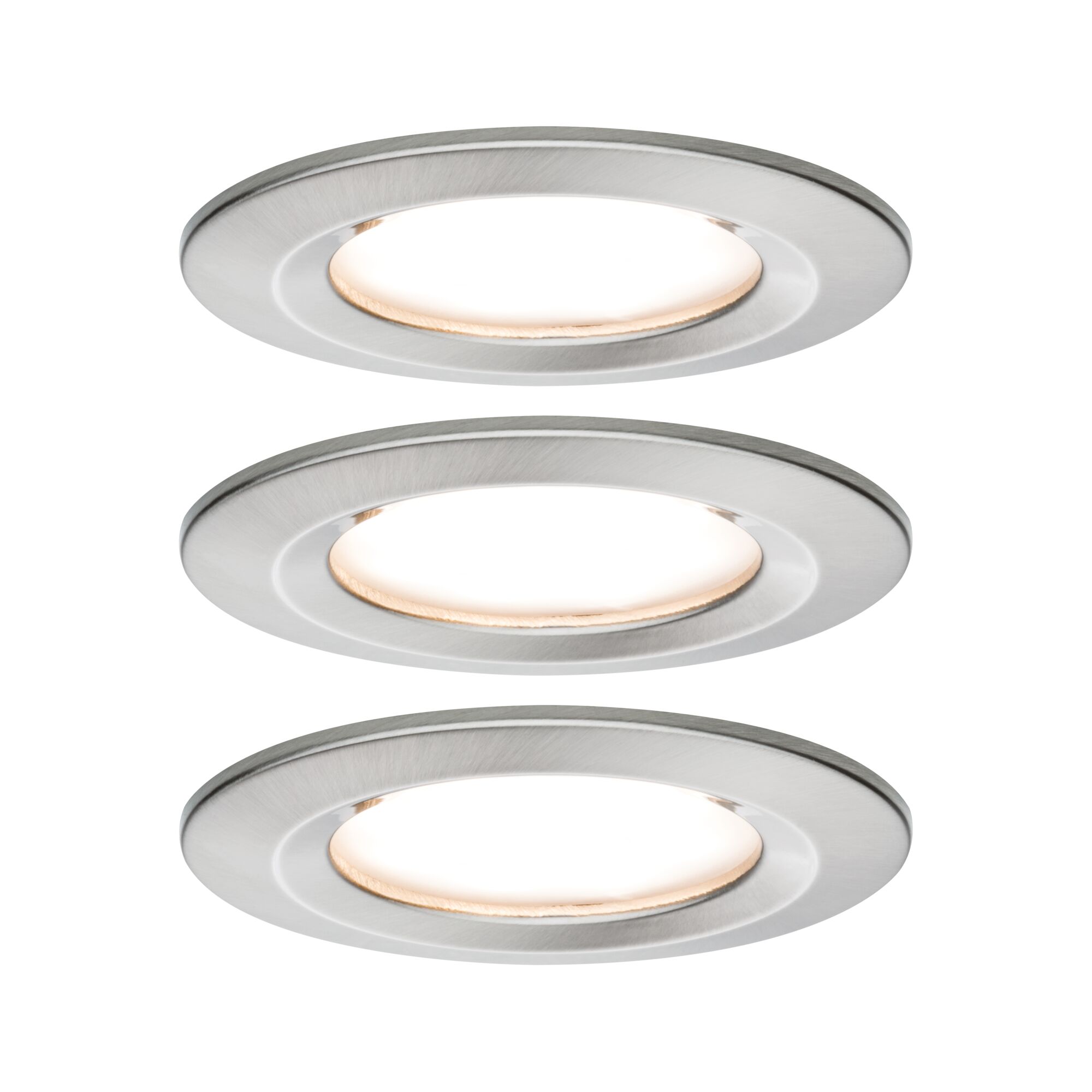 Drei runde LED-Einbaustrahler aus gebürstetem Aluminium in Silber für moderne Raumbeleuchtung
