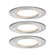 Set of three round brushed aluminium LED recessed lights in silver for modern home lighting
