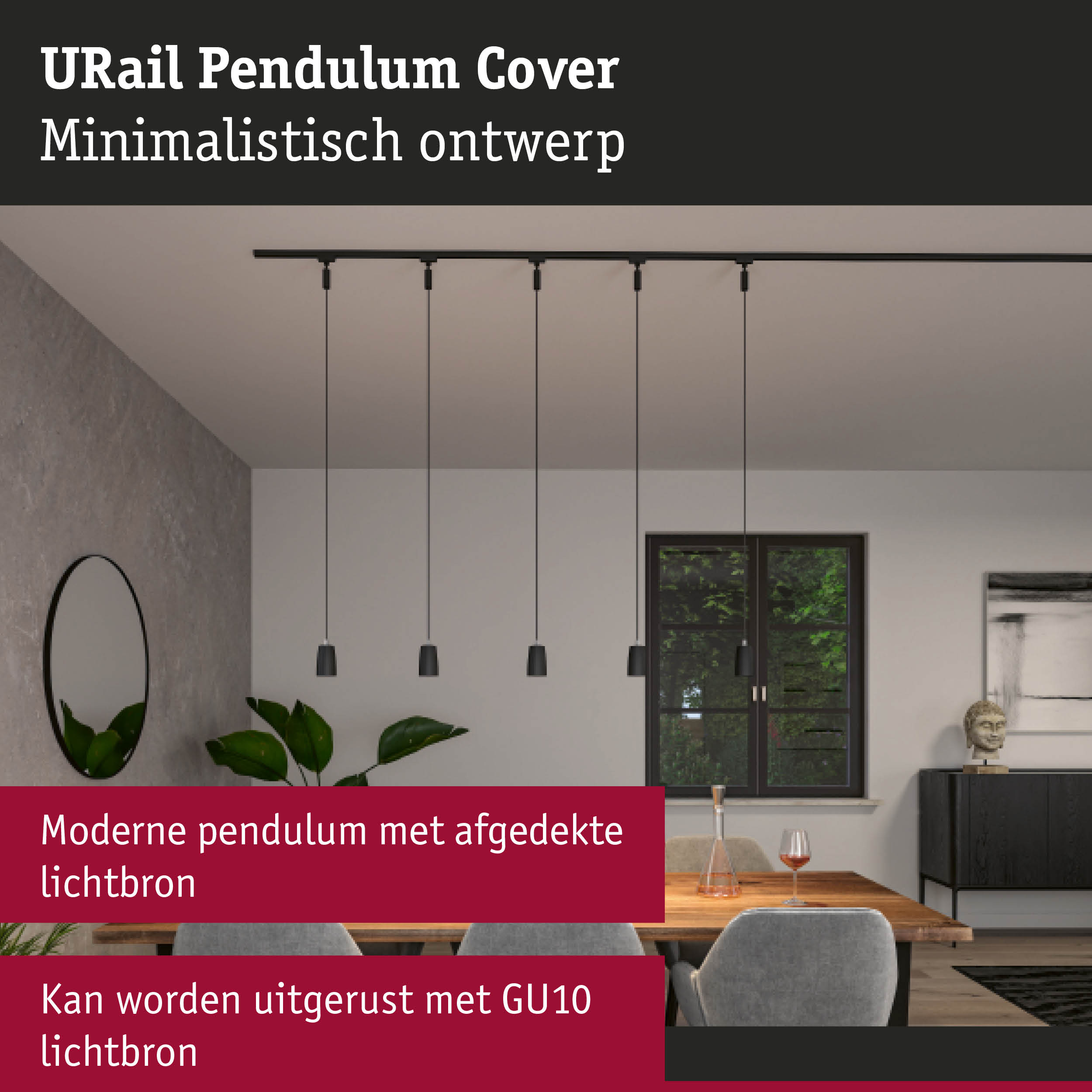Minimalistische zwarte URail Pendulum Cover met afgedekte lichtbron in moderne eetkamer