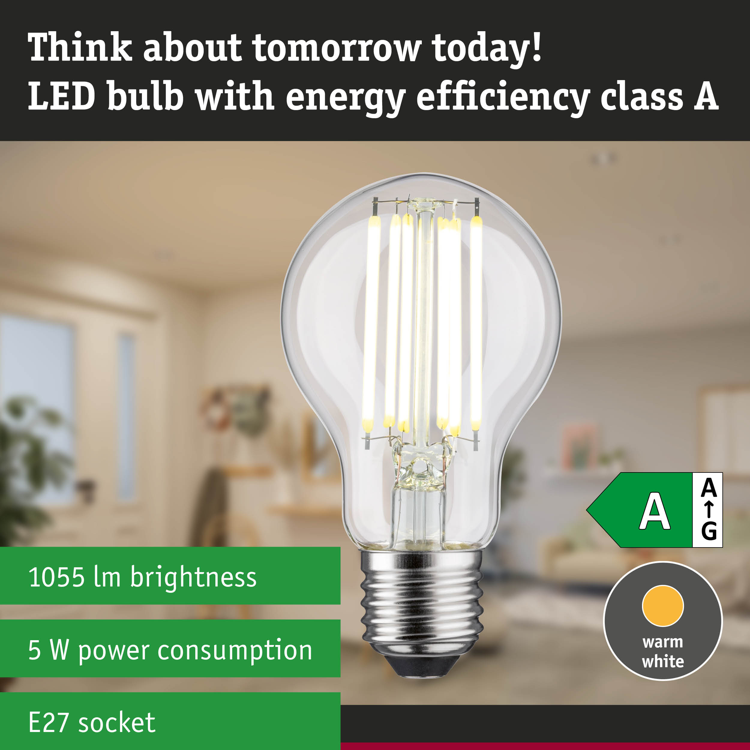 LED light bulb with warm white glow and ultra-efficient energy use against forest background