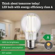 LED light bulb with warm white glow and ultra-efficient energy use against forest background