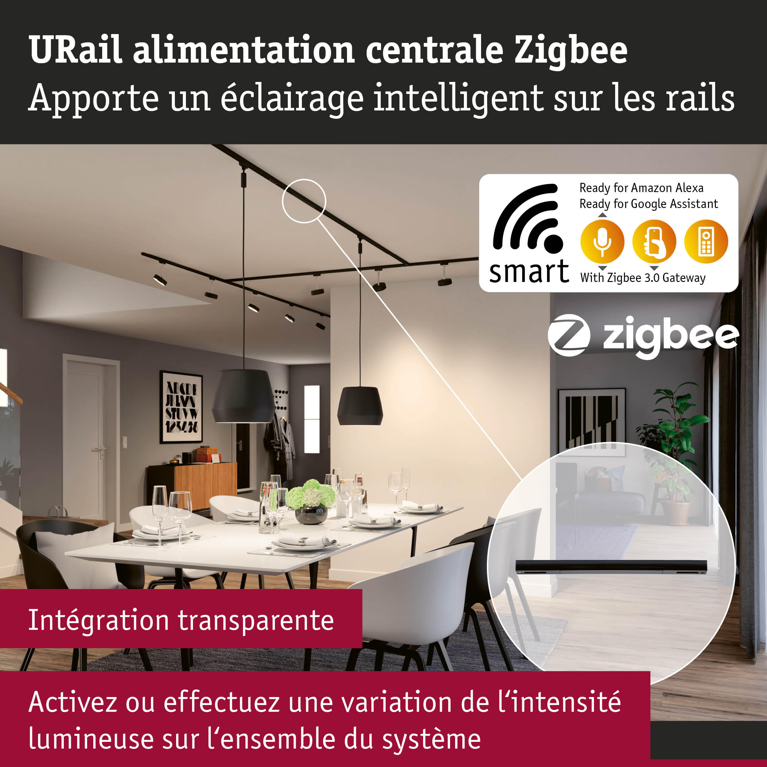 Salle à manger moderne avec système de rails URail Zigbee noir pour éclairage intelligent et commande vocale