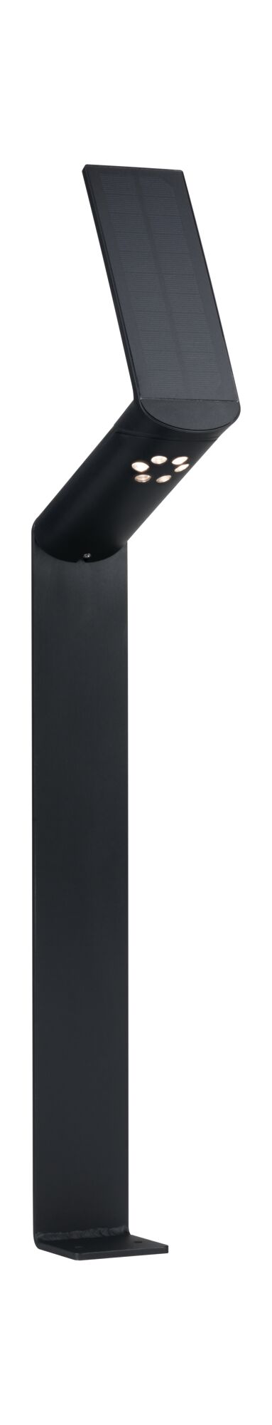 Lanterne solaire noire en métal avec six LED, éclairage extérieur moderne pour jardin et allée.