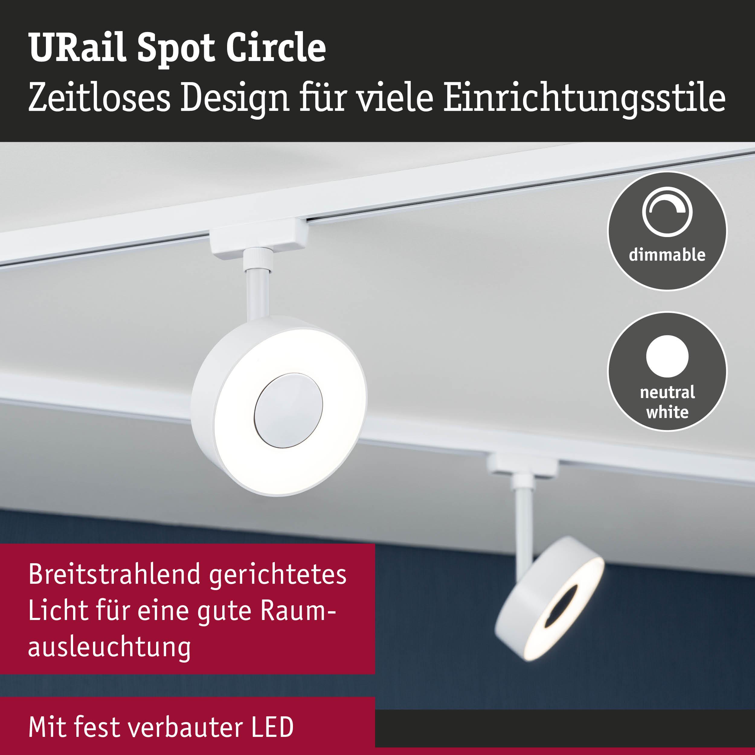 Weißer URail Spot Circle LED-Strahler mit dimmbarer neutralweißer Beleuchtung für vielseitige Raumgestaltung