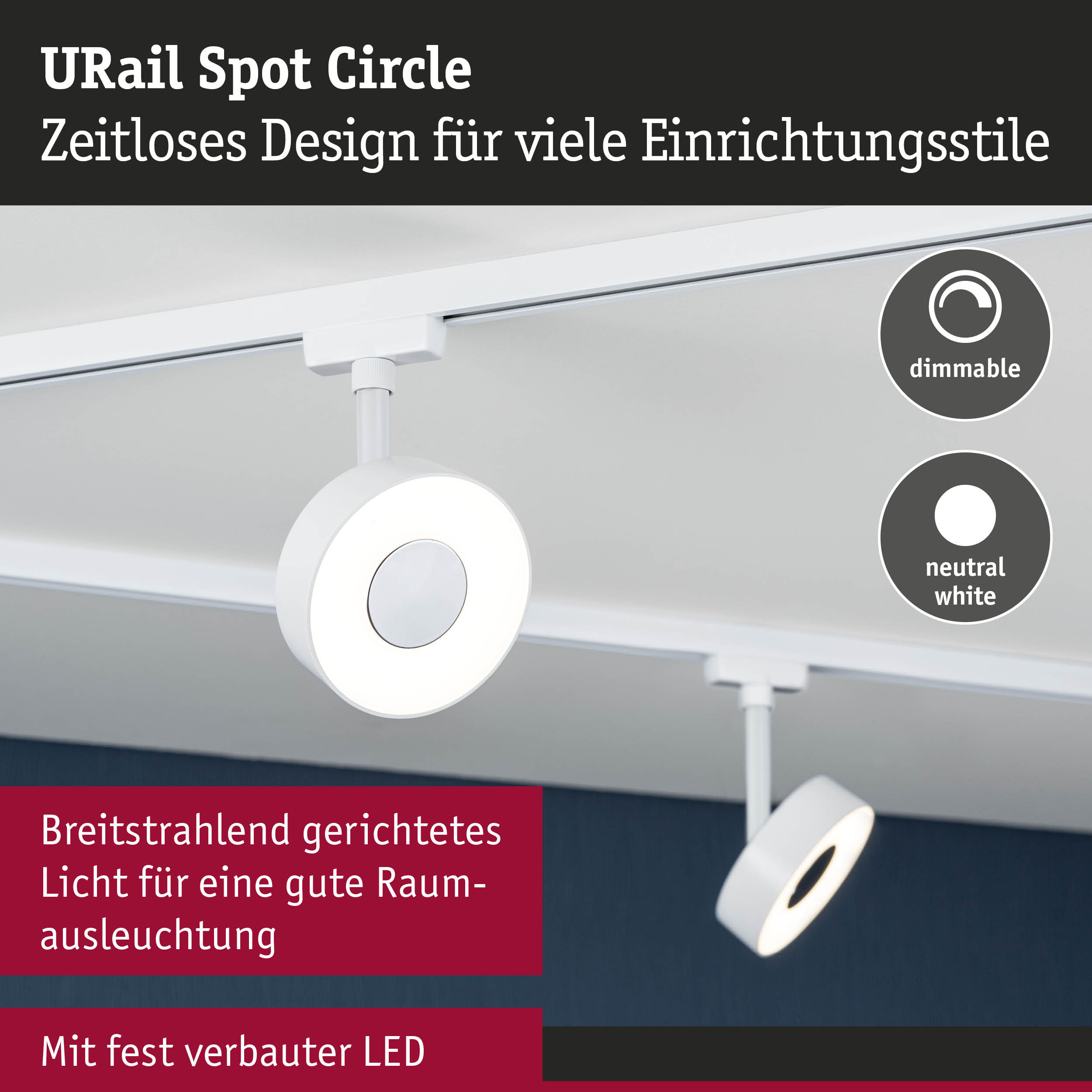 Weißer URail Spot Circle LED-Strahler mit dimmbarer neutralweißer Beleuchtung für moderne Innenräume