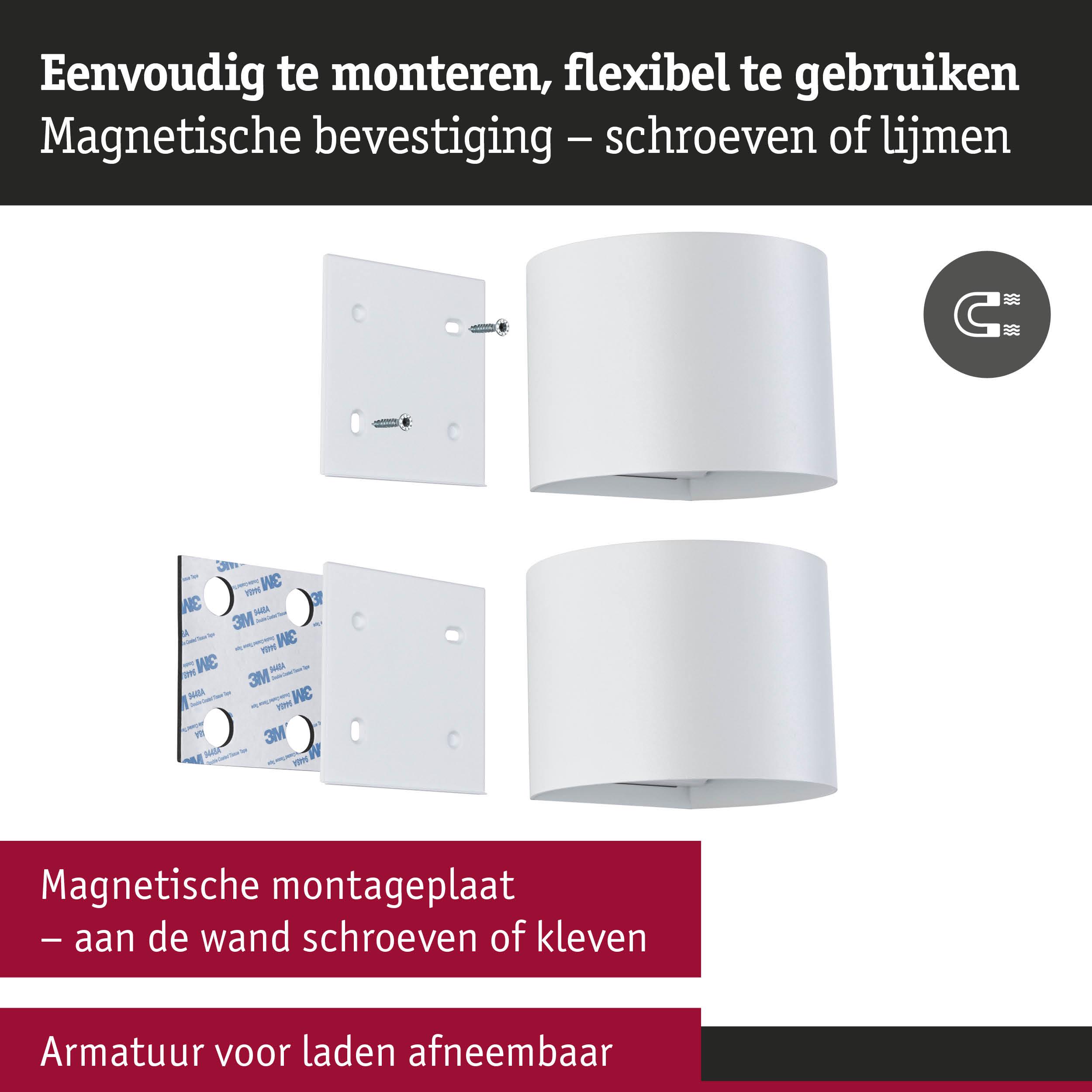 Witte magnetische montageplaat met schroeven en plakstrip voor flexibele wandmontage van armaturen