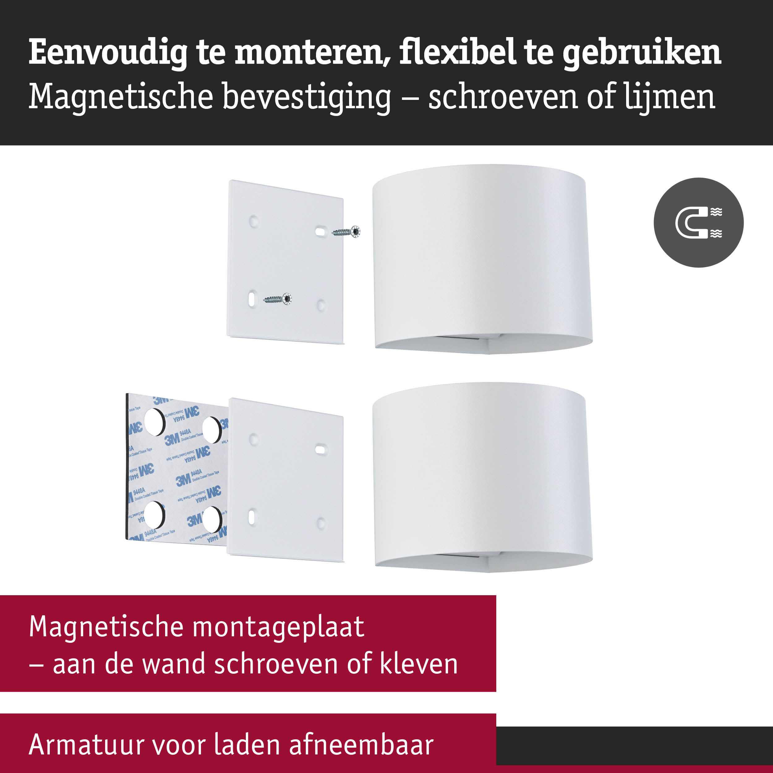 Witte magnetische montageplaat met schroeven en plakstrip voor flexibele wandmontage