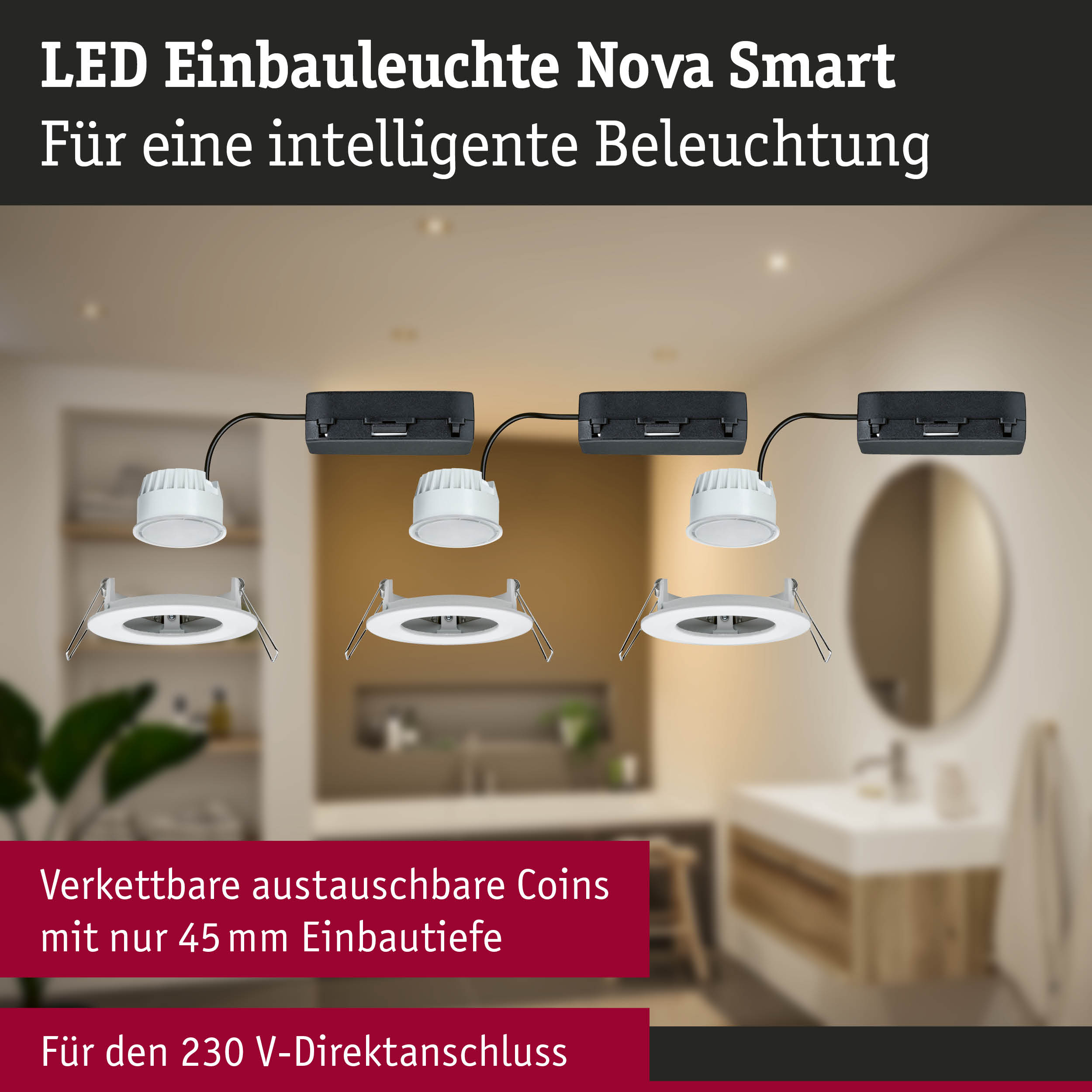 LED Einbauleuchte Nova Smart in Weiß mit schwarzer Halterung für intelligente Beleuchtung im Wohnraum