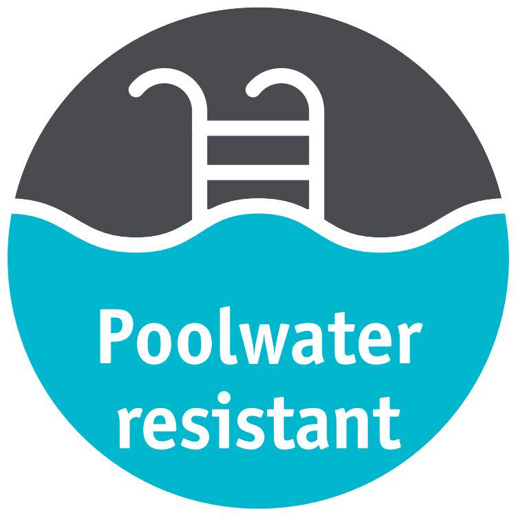 Symbol für poolwasserresistente Beleuchtung mit Schwimmbadleiter und blauem Wasserhintergrund