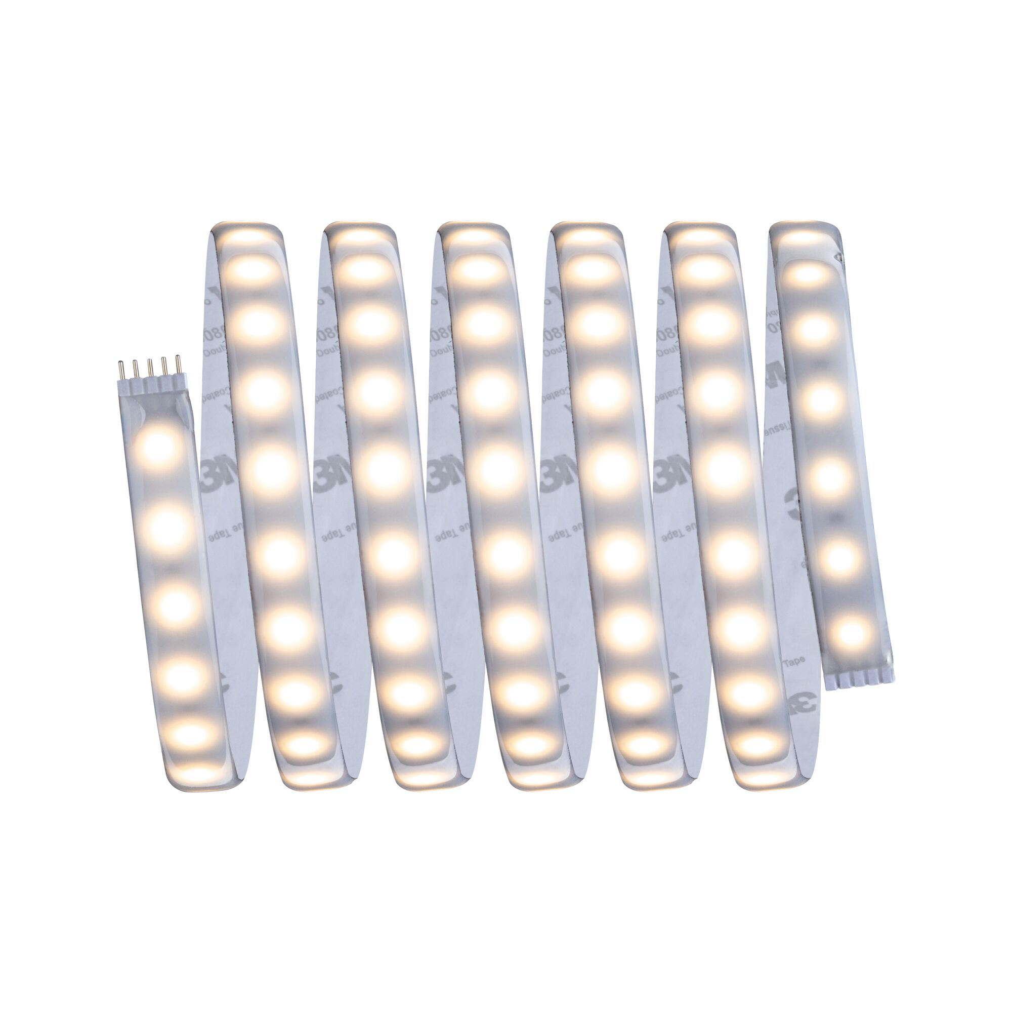 Flexibler LED-Lichtstreifen mit warmweißem Licht und selbstklebender Rückseite für vielseitige Beleuchtung.