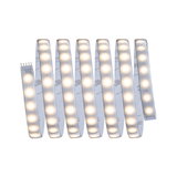 Flexible LED strip light with warm white glow and adhesive backing for versatile lighting solutions.
