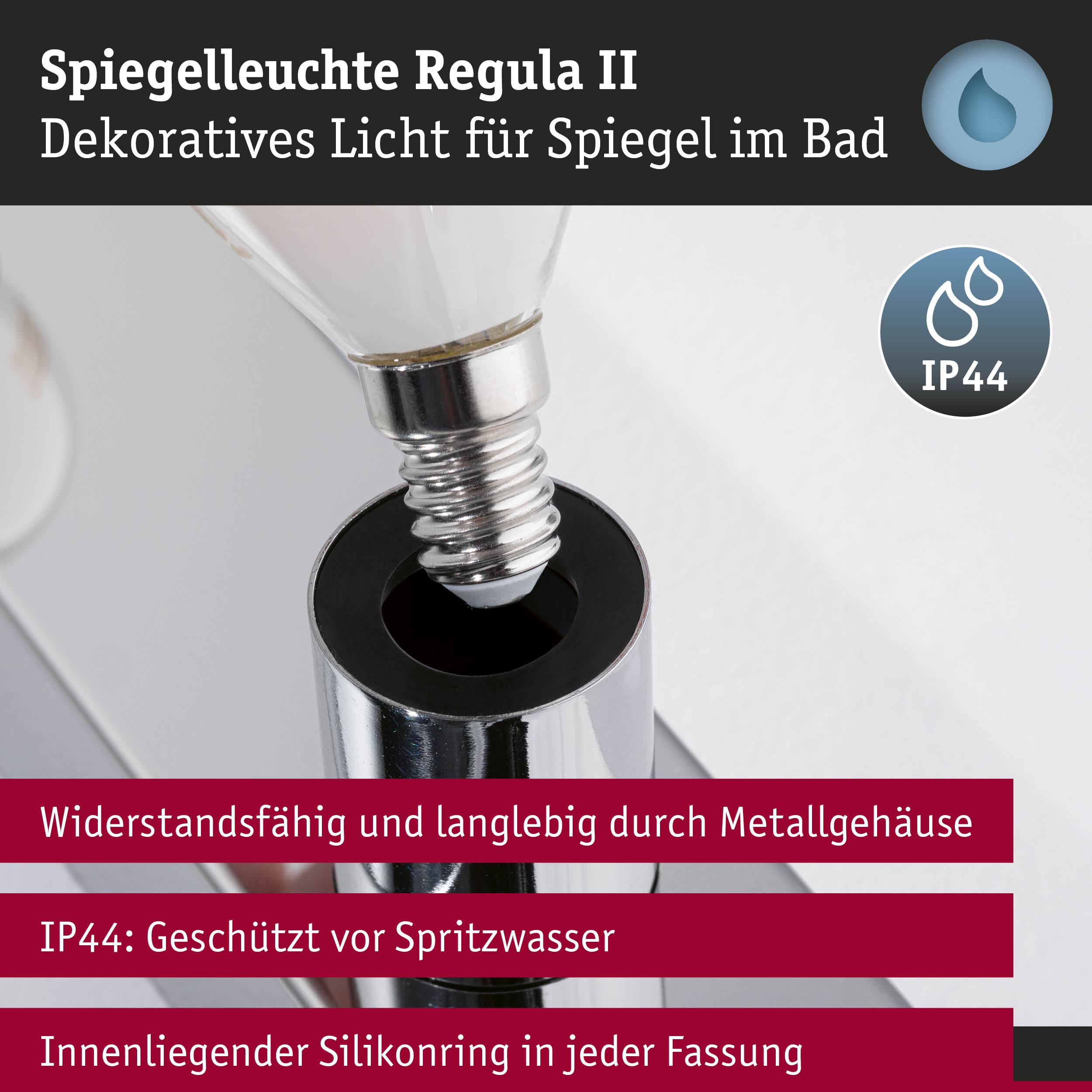 Spiegelleuchte Regula II mit Metallgehäuse und IP44 Schutz für Badezimmer-Spiegelbeleuchtung