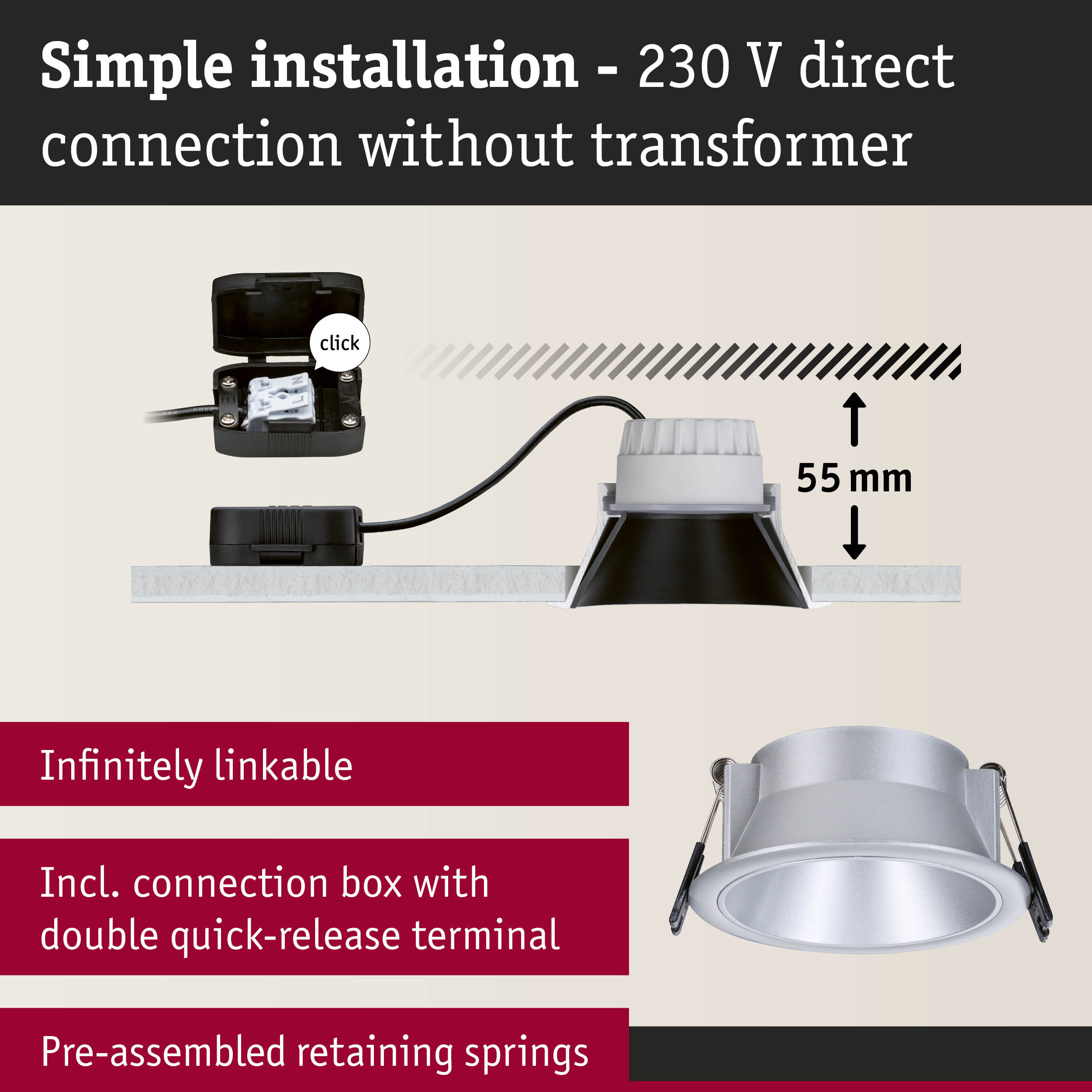 Silver aluminium recessed downlight with 55 mm depth and connection box for simple 230 V direct installation