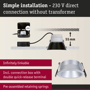 Silver aluminium recessed downlight with 55 mm depth and connection box for simple 230 V direct installation