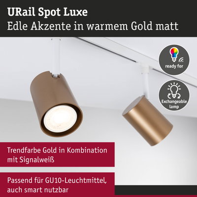 URail Spot Luxe Strahler in mattem Gold mit weißer Schiene, dimmbar und mit wechselbarer Lampe
