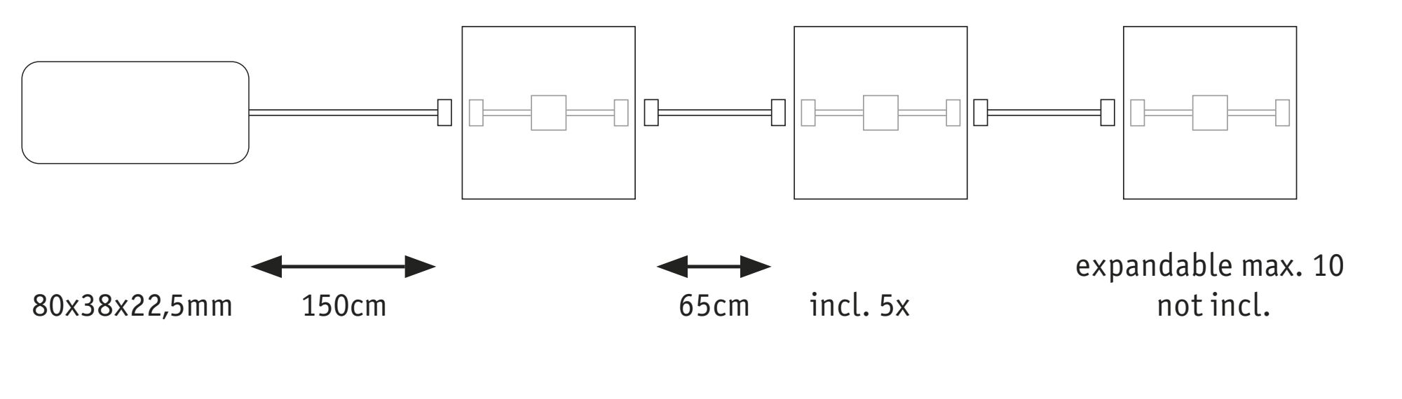 Technische Zeichnung eines modularen LED-Verbindungskabels mit Maßen und Erweiterungsmöglichkeiten.