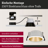 Einbaustrahler mit weißem Gehäuse und goldfarbener Innenfläche, 55 mm Einbautiefe, einfache Montage ohne Trafo