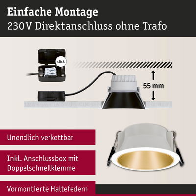 Einbaustrahler mit weißem Gehäuse und goldfarbener Innenfläche, 55 mm Einbautiefe, einfache Montage ohne Trafo