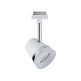 Modern white LED spotlight with chrome ring and metal rod for adjustable lighting