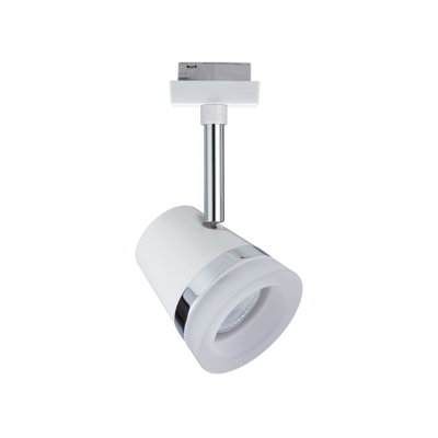 Modern white LED spotlight with chrome ring and metal rod for adjustable lighting